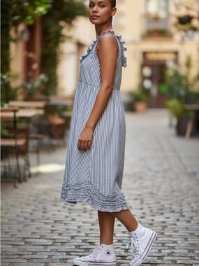 Vintage Prairie Blue White Stripe Ruffle Trim Dress